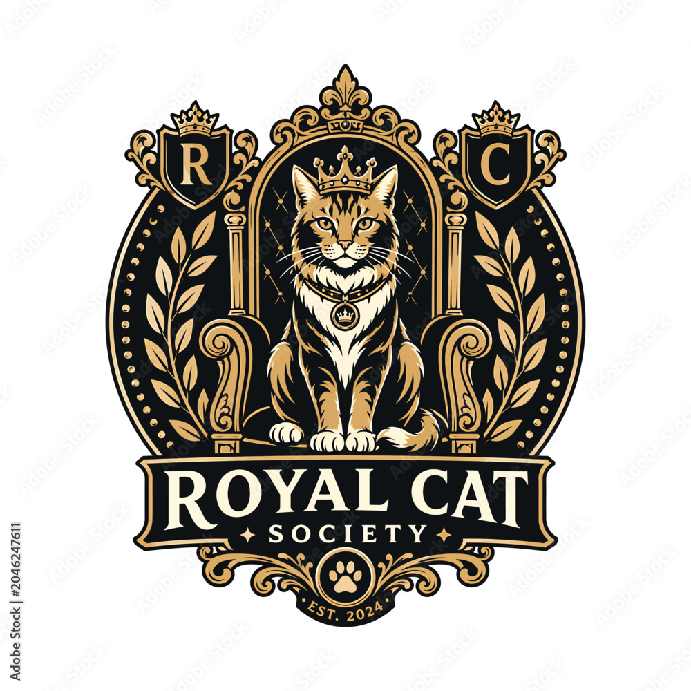 Obraz premium Royal cat society logo with crowned cat on throne, gold and black