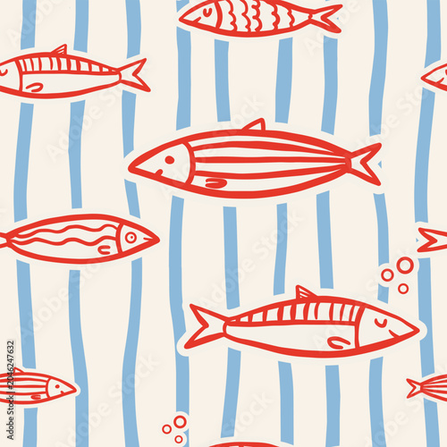 Seamless nautical pattern featuring hand-drawn red fish on a soft cream background with blue wavy stripes.