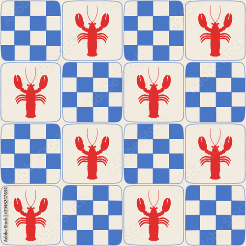 Seamless nautical pattern with red lobsters and blue checkerboard squares in a repeating grid.