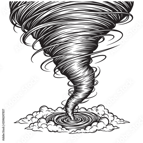 Black and white vector illustration of a swirling tornado funnel cloud and wind vortex in vintage line art style