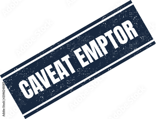 Fotografi Distressed dark blue rubber stamp with white text caveat emptor on a clean surfa
