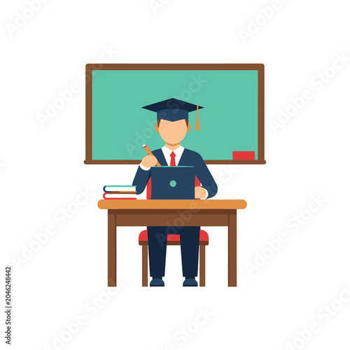 Young man in graduation cap sitting.