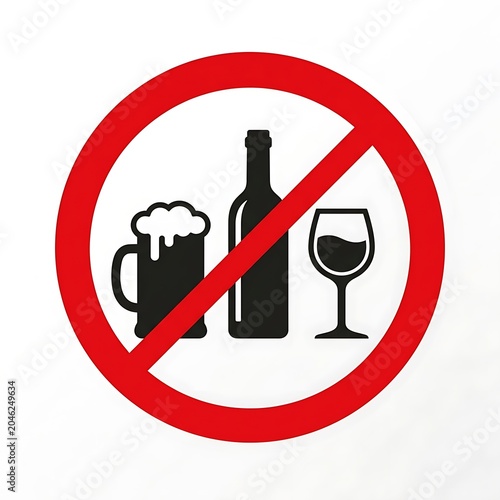 No alcohol sign, prohibition symbol with beer mug, bottle and wine glass isolated on white background