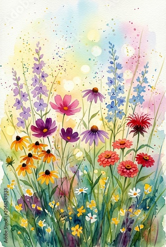 Watercolor of summer flowers in a meadow