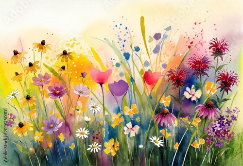 Watercolor of summer flowers in a meadow
