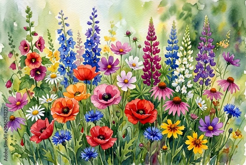Watercolor of summer flowers in a meadow