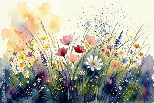 Watercolor of summer flowers in a meadow