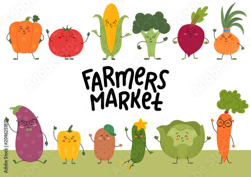 Farmers Market. Cute cartoon vegetables frame with hand drawn lettering.