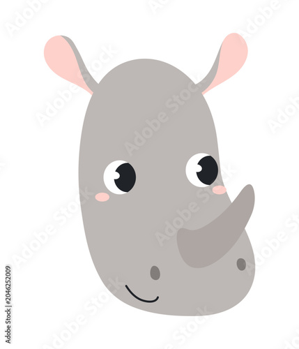 Cute little rhino, rhinoceros face illustration isolated. Kawaii cartoon char...