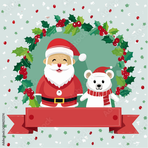 Santa Claus and Polar Bear with Holly Wreath and Ribbon