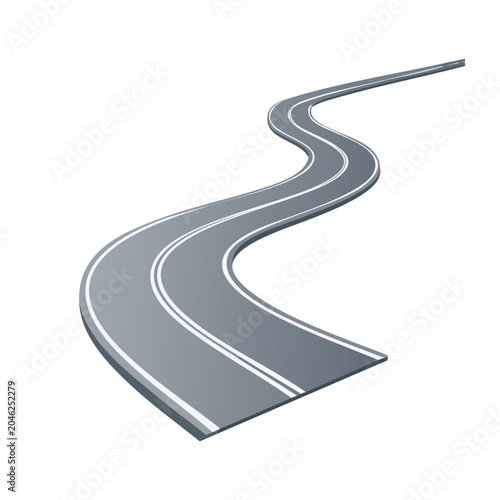 Winding road with white lines on a transparent background