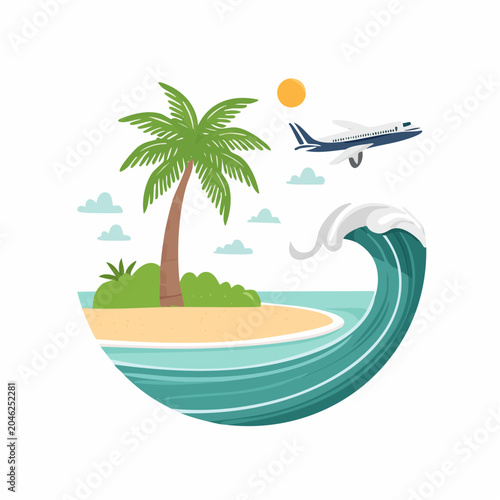 Tropical island vacation with airplane and ocean wave