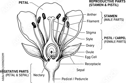 Fotografia Flower Anatomy Diagram: Reproductive & Vegetative Parts Labeled Detailed scienti