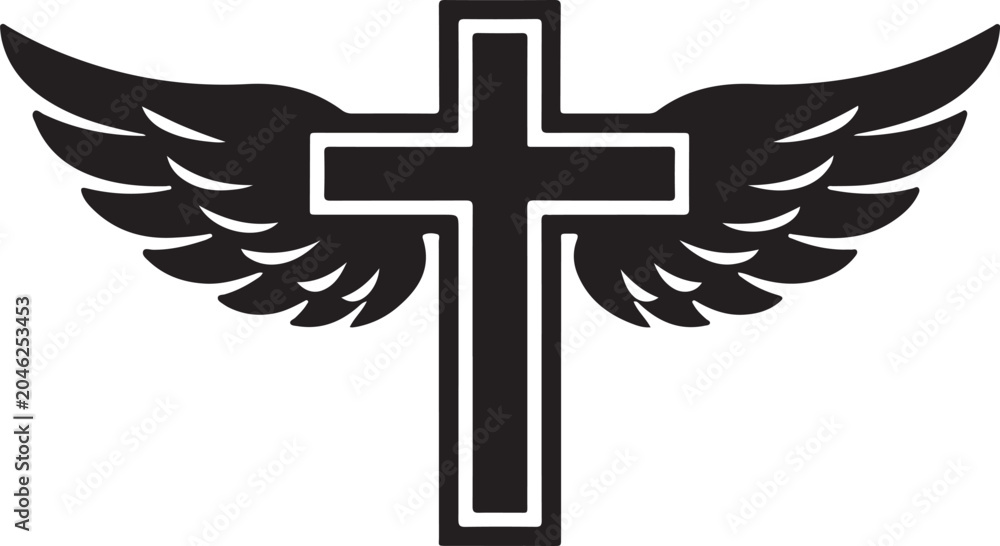 Naklejka premium Silhouette winged cross icon vector set, black religious symbol collection with clean EPS design.
