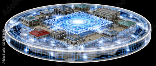 Futuristic city digital island hologram platform cyberpunk architecture glowing circuit sci fi landscape virtual reality neon light fantasy city floating structure futuristic city digital island