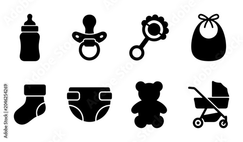 Foto Baby Essentials Vector Icons Set: Bottle, Pacifier, Rattle, Bib, Sock, Diaper, B