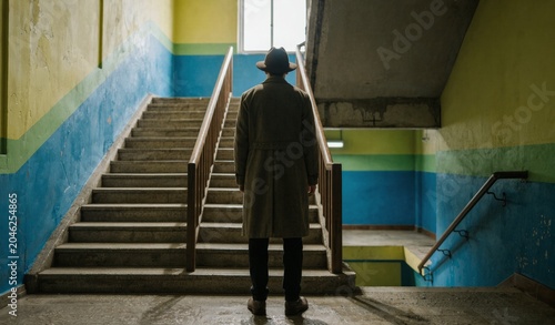 Mysterious man in coat and hat stands at the top of a weathered staircase in a colorful, abandoned building.