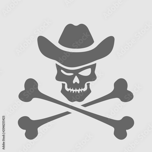 Pirate Skull with Cowboy Hat and Crossbones Vector Illustration, Vintage Skeleton Emblem, Western Outlaw Symbol, Halloween Icon for Stickers, Merchandise, Prints and Branding