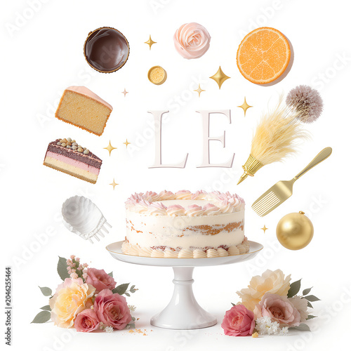 Cake decoration and celebration theme with flowers and sweets on a white background