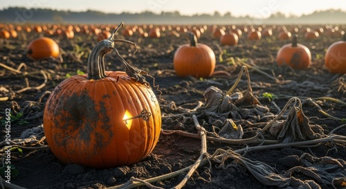 Pumpkin field glows with a singular illuminated gourd at dawn during the autumn harvest season.