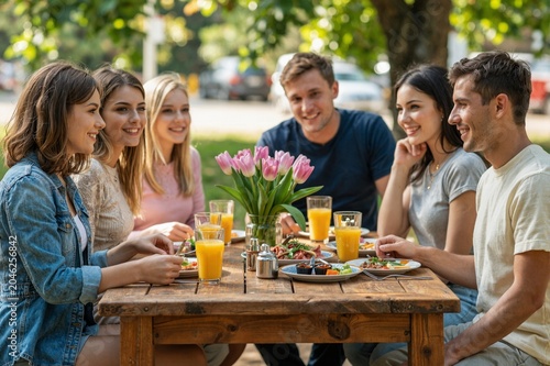Happy friends enjoying a sunny outdoor picnic with fresh food and flowers on a rustic wooden table.