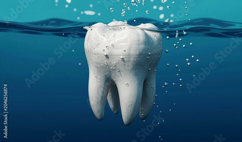 A pristine white tooth submerged in clear blue water with bubbles rising around it.