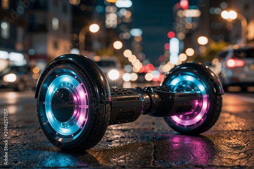 Neon-lit hoverboard on wet urban street at night with bokeh city lights in background