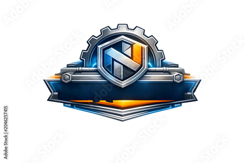 Logo design with industrial elements and metallic textures
