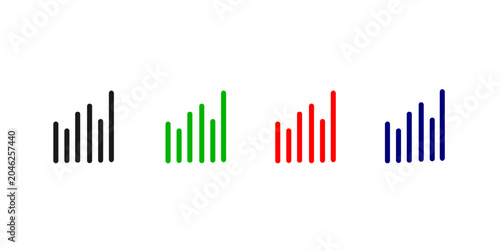 A set of four colorful bar chart icons representing growth, metrics, and data analysis in black, green, red, and blue for professional UI design.