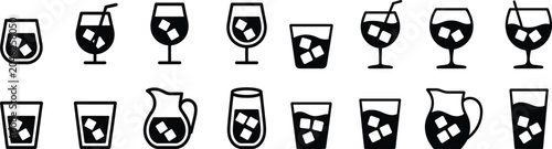 Glassware icon set featuring various drinking glasses pitchers and cocktails with ice cubes rendered in simple black style on transparent background.
