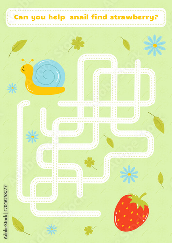 Maze game for kids.Cute labyrinth with summer theme.Help snail find right way to strawberry.Educational activity worksheet.Illustration for kids books and workbooks.Logical quest for children.Vector 