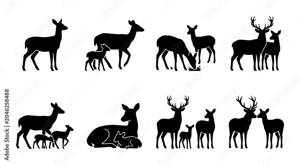 Fototapeta premium Deer Silhouettes Collection: Majestic Wildlife, Forest Fauna, Nature Icons, Vector Art for Wildlife Design