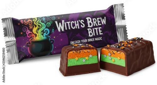 Chocolate snack bars featuring a colorful layered filling and a festive witch-themed wrapper sit on a white surface.