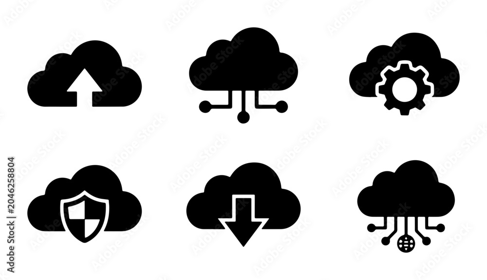 Obraz premium Cloud Computing Icons Set, Digital Data Storage Icons, Network Technology Icons, Security and Upload Download Icons