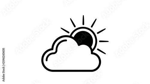 Simple line drawing of sun behind partial cloud weather icon transparent background