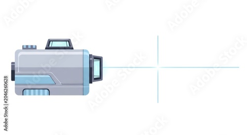 Laser level tool projecting cross light beam. Construction equipment for measuring alignment and precision leveling during renovation building work. Professional measurement technology.