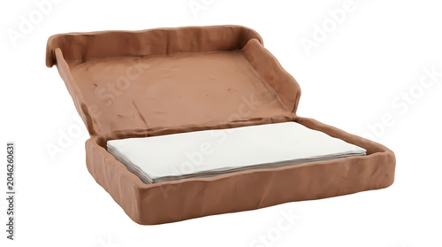 Open brown velvet box with white tissue inside on white background