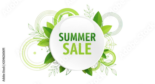 Summer sale promotional graphic with green leaves isolated on transparent background