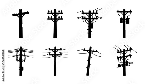 Obraz na płótnie Electricity Pole Silhouettes: Power Line Infrastructure Vector Icons, Utility Tr