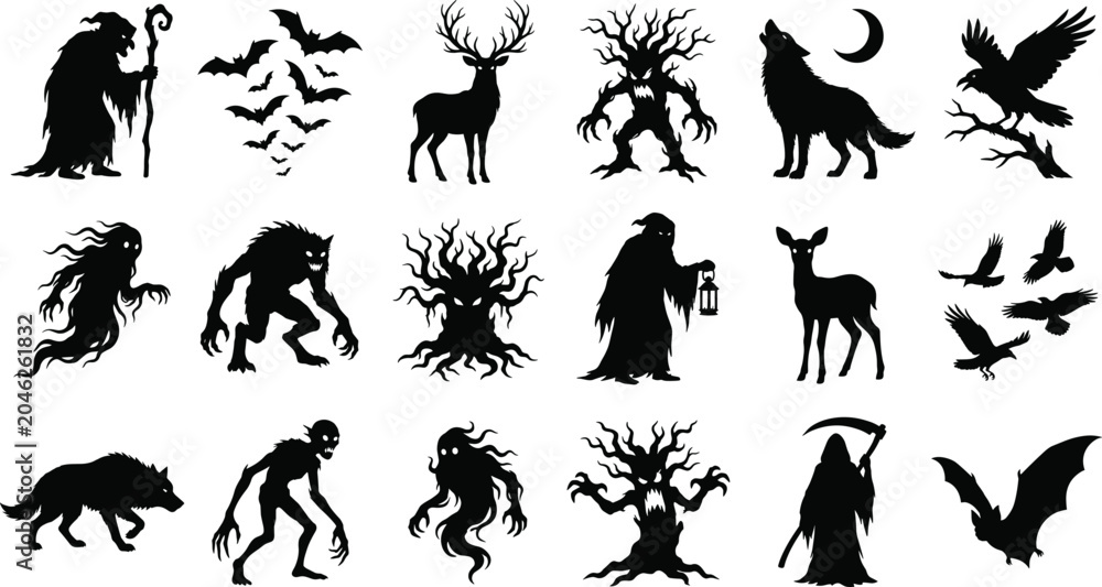 Obraz premium Halloween Horror Creature Silhouette Collection with Ghosts Werewolves Ravens Bats and Dark Fantasy Monsters