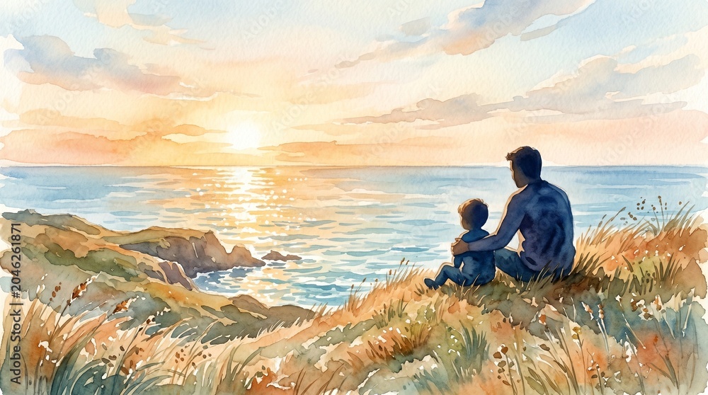 Fototapeta premium Father and Son Admiring Sunset Over the Ocean – Family Bonding