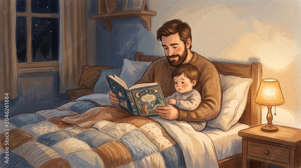 Fototapeta premium Father Reading to Child in Bedtime Story Scene