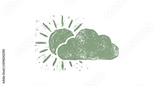 Green cloud and sun illustration with rays on white background transparent background