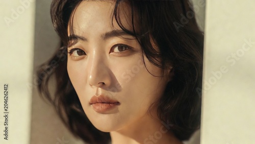 Close-up portrait of a young Korean woman with dark hair, soft natural light, serene expression, and subtle makeup, conveying beauty and introspection.