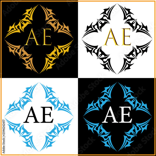 AE Monogram Logo Design Set with Tribal Ornaments