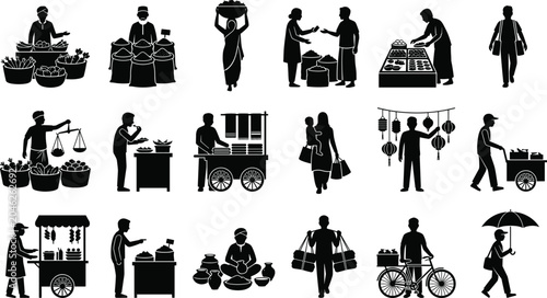 Bild auf Leinwand Traditional Market Vendor and Street Seller Silhouette Collection with Food Stal