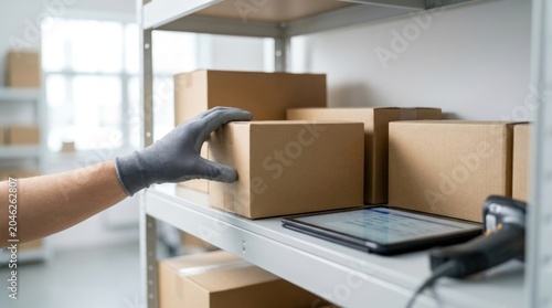 Warehouse worker taking package for shipping distribution using tablet and barcode scanner