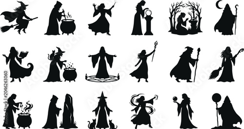Konstfotografi Witch and Sorceress Silhouette Collection with Magic Rituals Spellcasting Potion