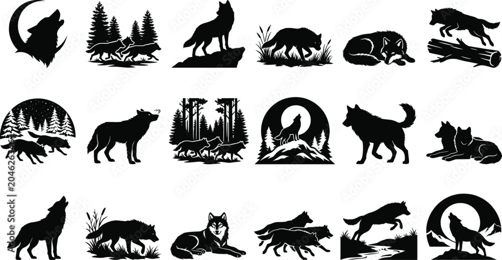 Obraz premium Wolf Silhouette Collection Featuring Howling Wolves Forest Wildlife Pack Hunting and Nature Scene Designs