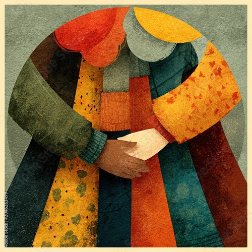 Vector illustration of six female hands supporting one another in circular formation, teamwork and diversity theme